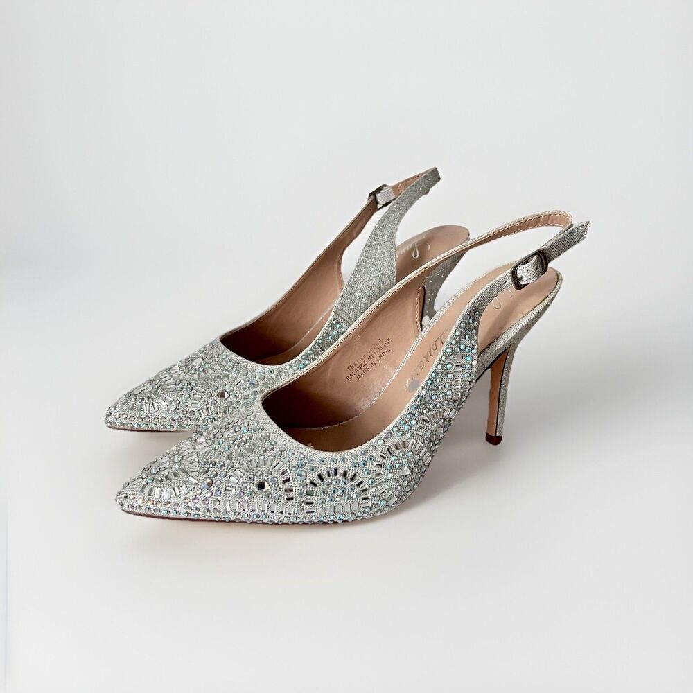 Lauren Lorraine Rachel Silver Shimmer Sling Back Heels Sz 8 Wedding Prom Party